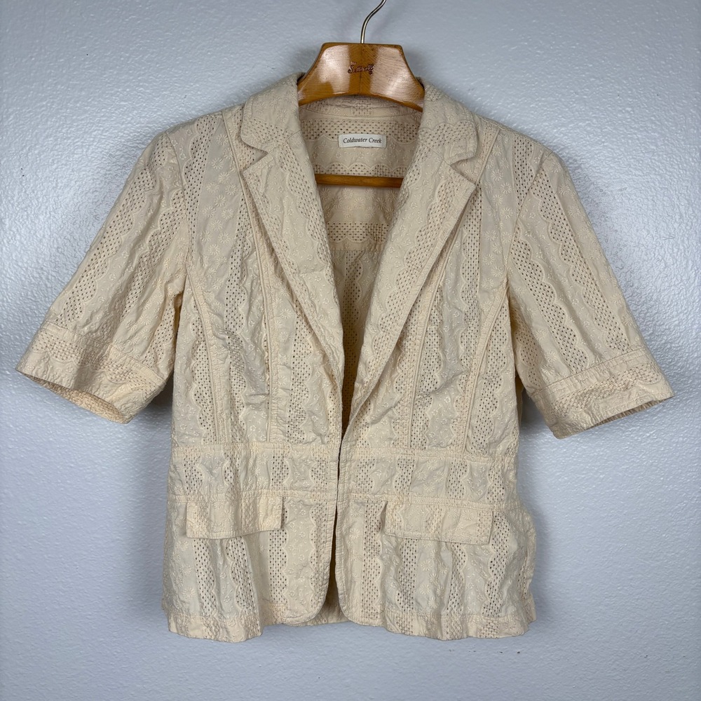 Coldwater Creek Ivory Eyelet Embroidered Cotton Blazer Jacket Hook Front Sz M - Picture 14 of 14
